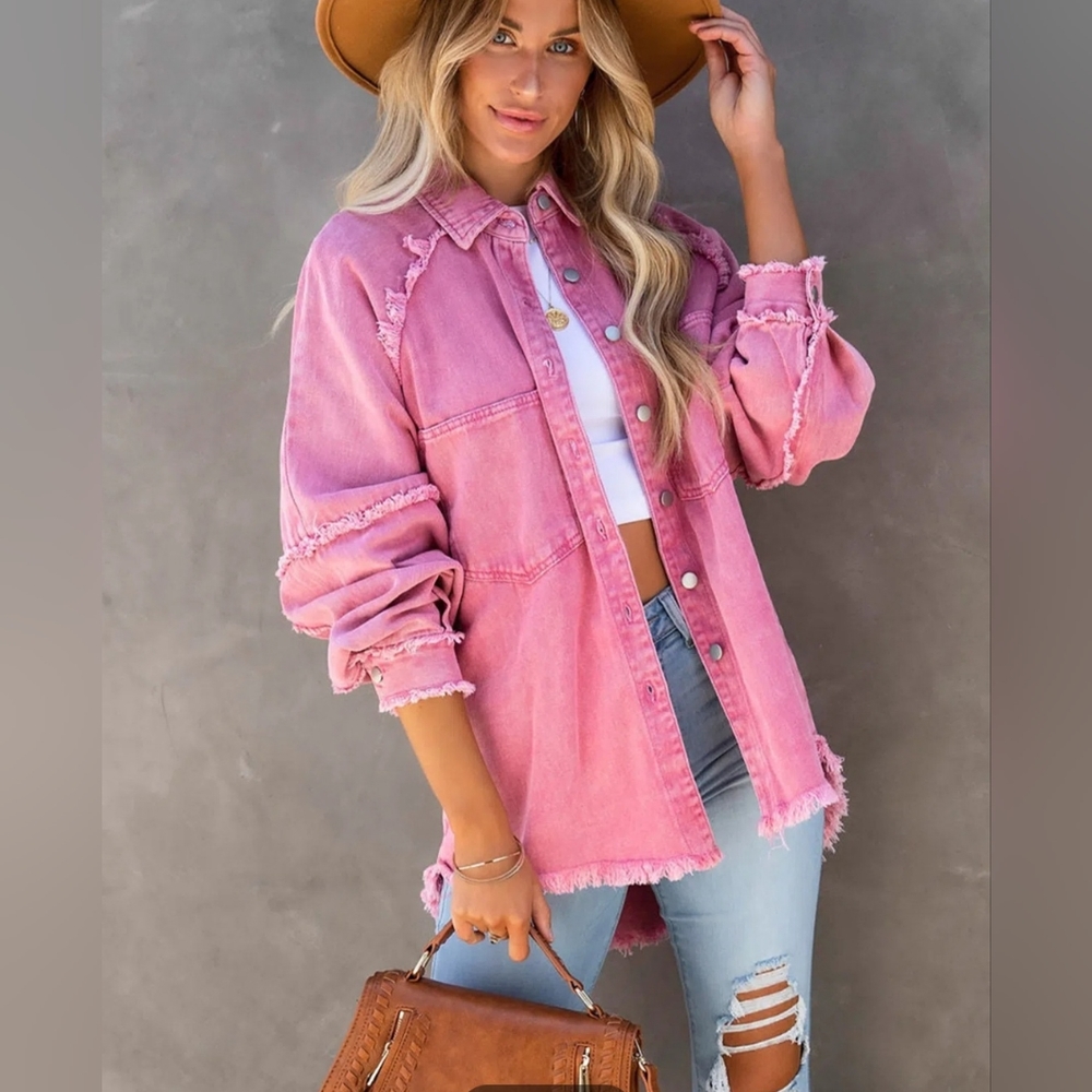 Pink Acid Wash Distressed Denim Shacket Star Cutout Frayed. Used 8th Size M